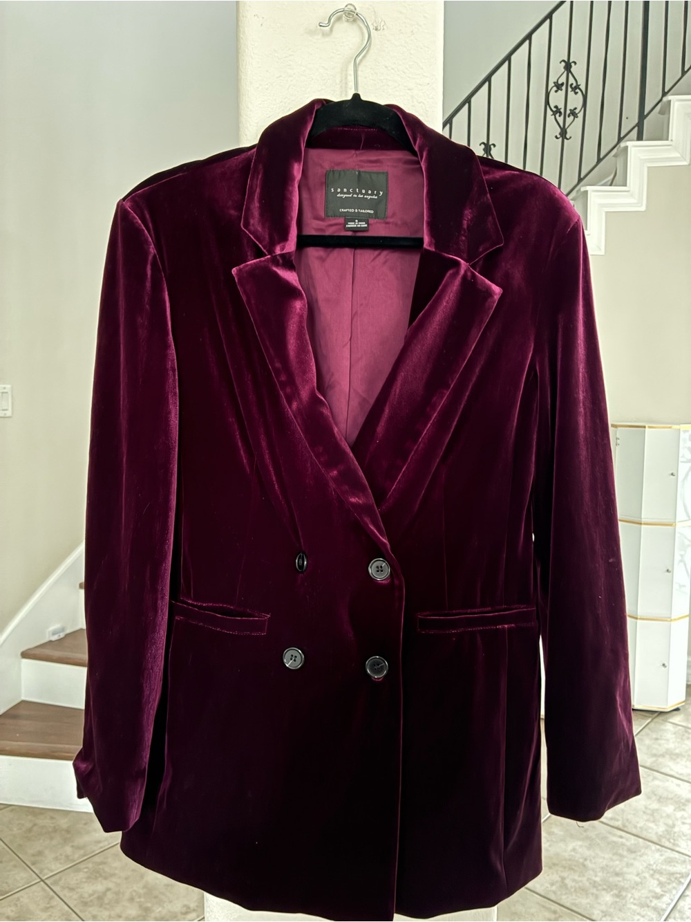 Sanctuary Velvet Double-Breasted Blazer - Deep Burgundy